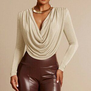 Khaki Elegant Women's Plunging Neckline Shoulder Pad Ruched Bodysuit
